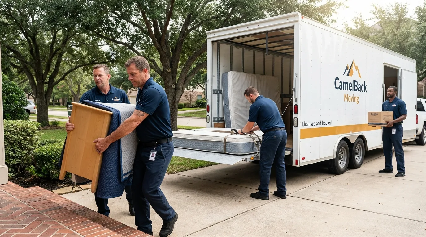 Crew loading residential truck for cross-state move from Sebastian, TX
