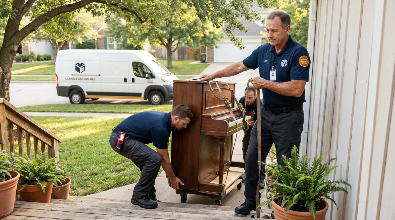 Licensed piano movers securing grand piano in Sebastian, TX