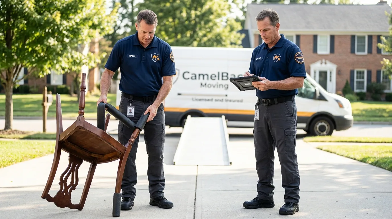 Movers inspecting furniture for damage prevention before loading in Sebastian, TX