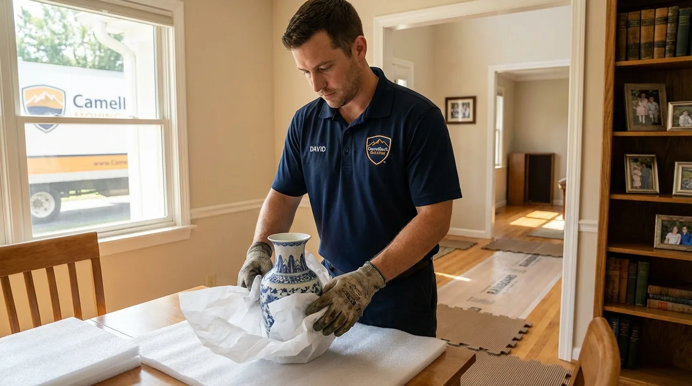 Professional crew carefully wrapping antique vase for senior downsizing move in Sebastian, TX